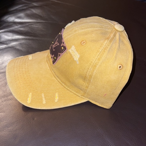 Up cycled, Hand Crafted, LV distressed Mustard Yellow hat, NWOT - Picture 7 of 9